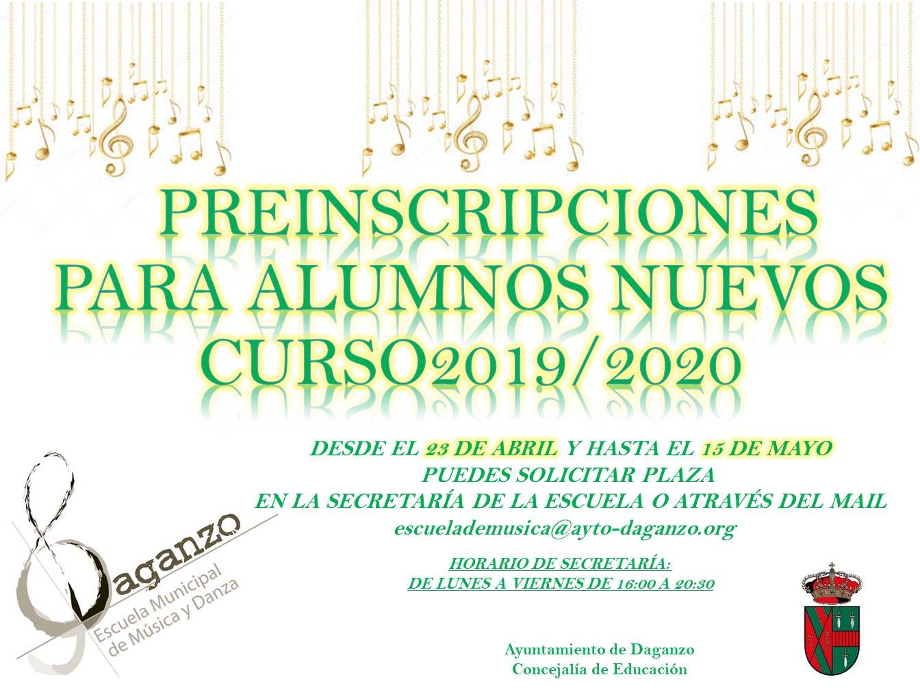 PREINSCRIPCIONES NUEVOS ALUMNOS CURSO 2019-20 EN LA ESCUELA MUNICIPAL DE MÚSICA Y DANZA DE DAGANZO