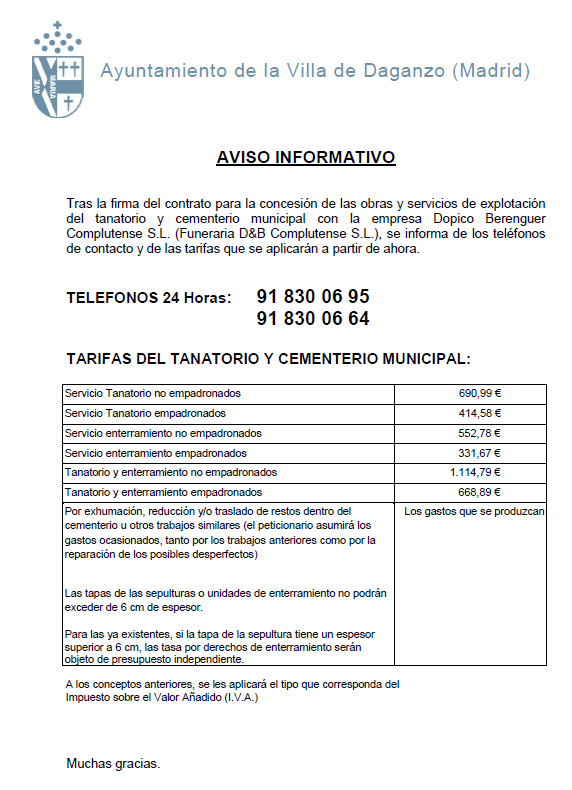 AVISO INFORMATIVO DE LOS SERVICIOS DE TANATORIO Y CEMENTERIO MUNICIPAL