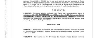 DECRETO DE ALCALDIA DE CONVOCATORIA DEL PLENOORDINARIO DE FECHA 22/11/2023