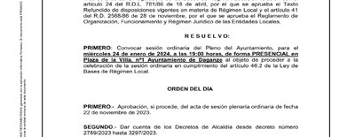 DECRETO DE ALCALDIA DE CONVOCATORIA DEL PLENO ORDINARIO DE FECHA 24/01/2024