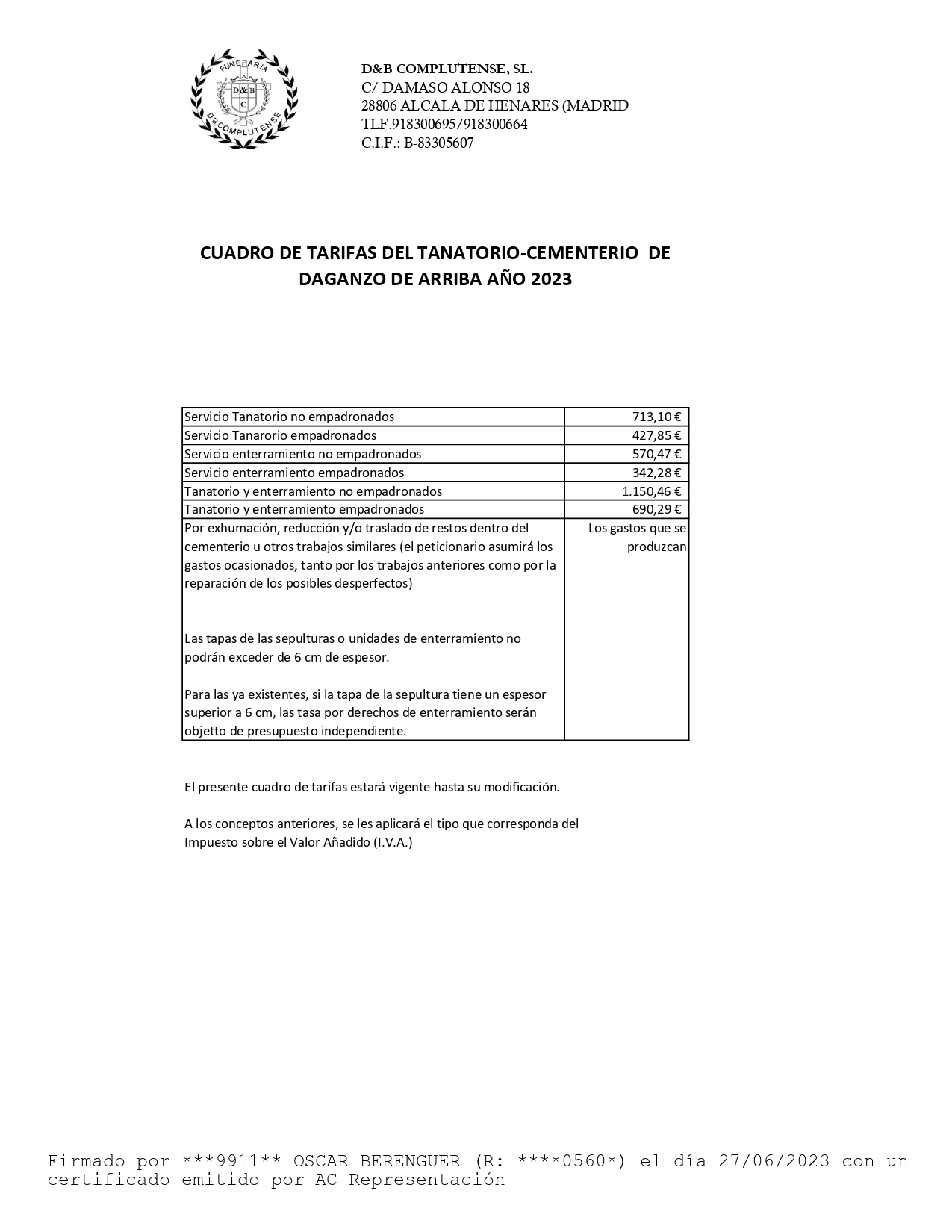 TARIFAS TANATORIO-CEMENTERIO 2023